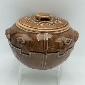 Vtg Monmouth Stoneware Pottery Bowl with Lid Brown Southwestern Diamond Pattern